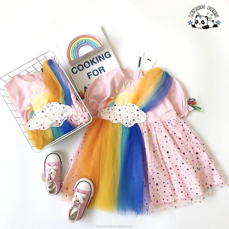LEZONKIDS - 2023 New Summer Rainbow Clouds Rainbow Colors Stars Mesh Dress  Girl Dresses For Kids